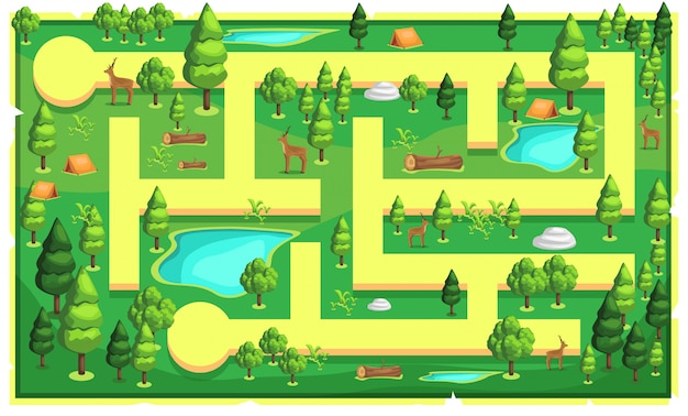 Vector map green mountain nature with path and big trees, camping tents, wood, deer and water lake for 2d game platformer   illustration