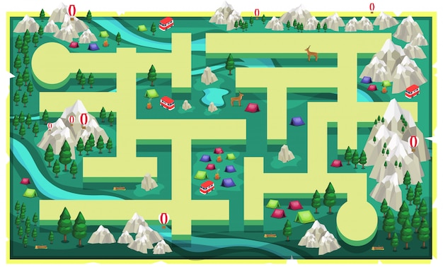 Vettore mappa green nature rocks mountain con percorso e grandi alberi, tenda colorata da campeggio, furgone, cervi e boschi per 2d game platformer