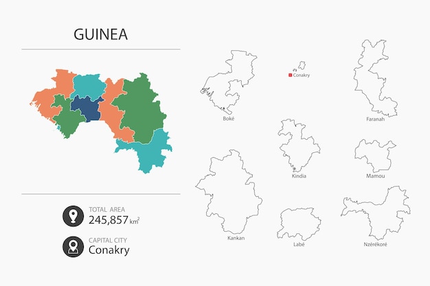 Map of Guinea with detailed country map Map elements of cities total areas and capital