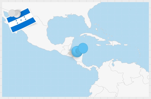 Map of Honduras with a pinned blue pin Pinned flag of Honduras