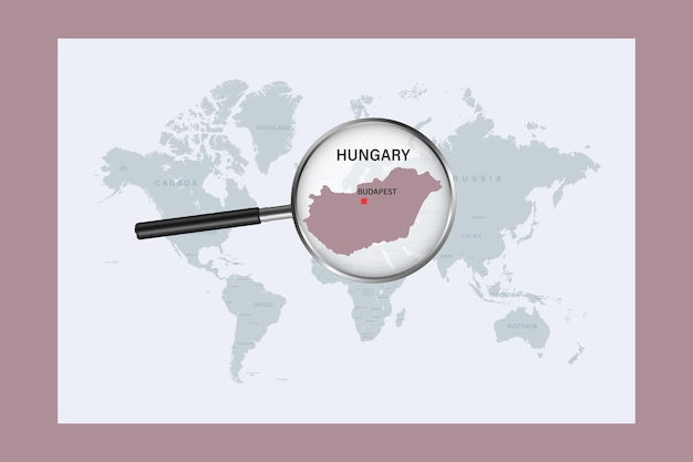 Map of hungary on political world map with magnifying glass