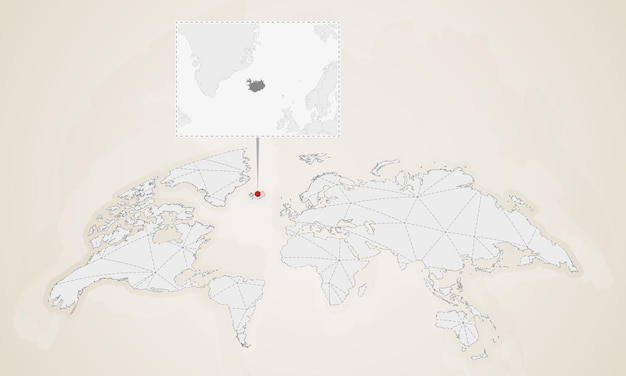Карта Исландии с соседними странами, закрепленная на карте мира