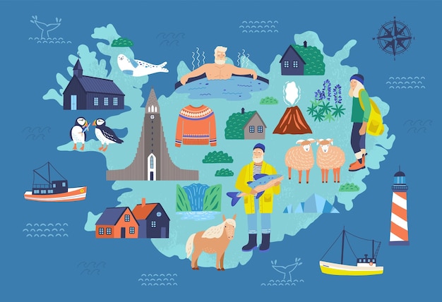 Map of Iceland with touristic landmarks and national symbols - lighthouse, sheep, fisherman, man in hot pool, Icelandic horse, Hallgrimskirkja. Colorful vector illustration in flat cartoon style.