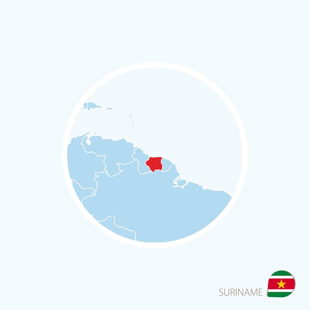 スリナムの地図アイコン南アメリカの青い地図で、スリナムが赤色で強調表示されています