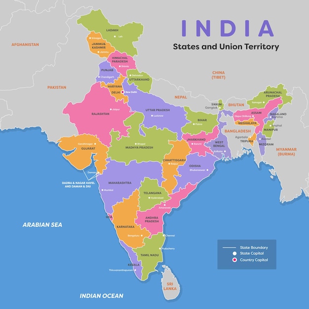 インドの州の名前を持つインドの地図。