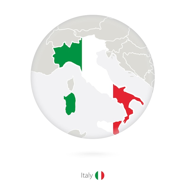 イタリアの地図と円の国旗イタリアの地図の輪郭と旗ベクトル図