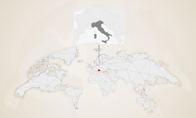 世界地図にピン留めされた近隣諸国とイタリアの地図