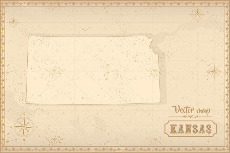 Vector map of kansas in the old style brown graphics in retro fantasy style