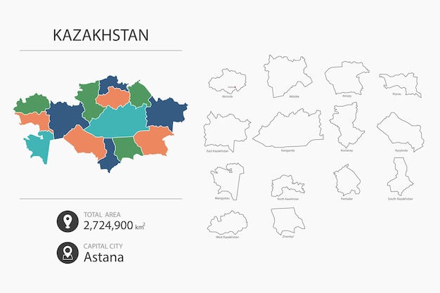 詳細な国の地図を持つカザフスタンの地図 都市の総面積と首都の地図要素