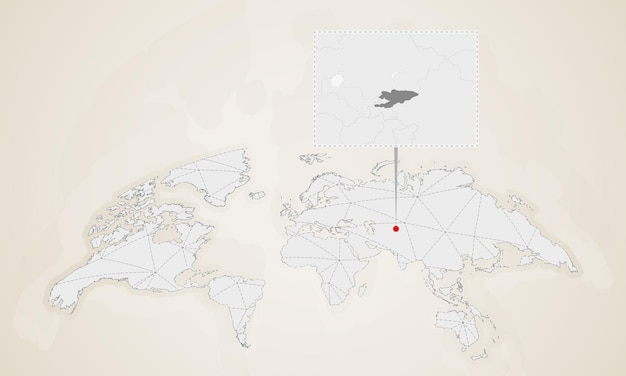 世界地図にピン留めされた近隣諸国とキルギスタンの地図