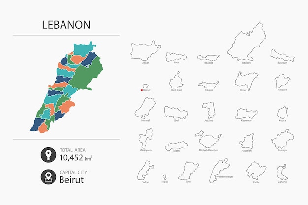 詳細な国の地図を持つレバノンの地図 都市の総面積と首都の地図要素