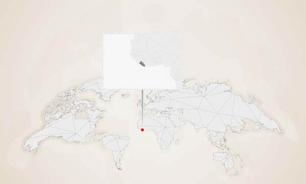 世界地図にピン留めされた近隣諸国とリベリアの地図