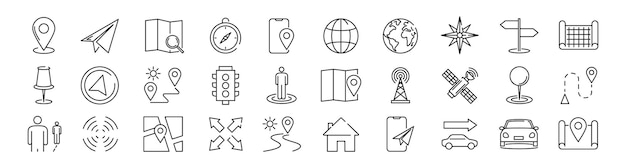 Map location and navigation icons set Linear icons set