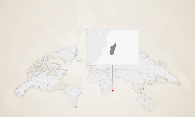 世界地図にピン留めされた近隣諸国とマダガスカルの地図