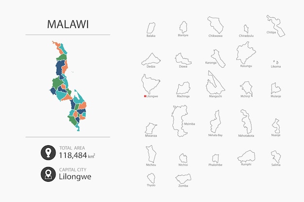 상세한 국가 지도가 있는 말라위 지도 도시 총 면적 및 수도의 지도 요소