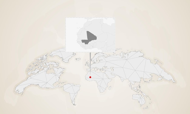 世界地図にピン留めされた近隣諸国とマリの地図