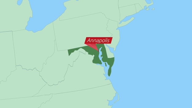 Vector map of maryland with pin of country capital