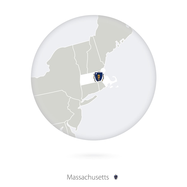 Map of Massachusetts State and flag in a circle Massachusetts US State map contour with flag Vector Illustration