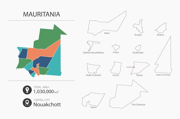 Map of Mauritania with detailed country map Map elements of cities total areas and capital