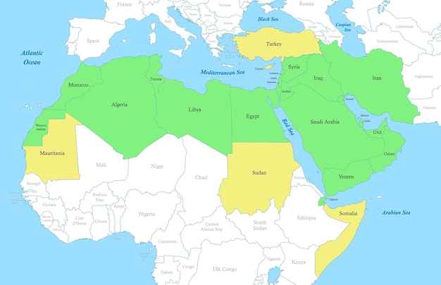 州の境界を持つ MENA 地域の地図