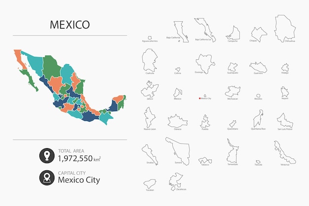 Map of Mexico with detailed country map Map elements of cities total areas and capital