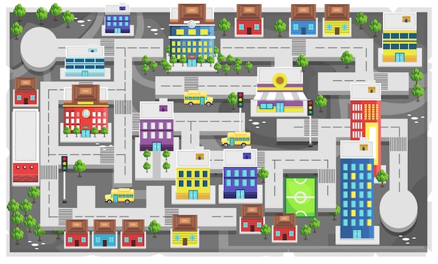 Vector map modern city with path and home, school building, bus school, tower building and soccer field for 2d game platformer   illustration
