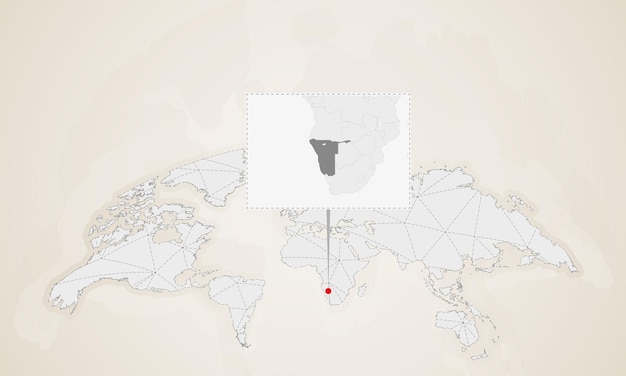 Mappa della namibia con i paesi vicini appuntati sulla mappa del mondo