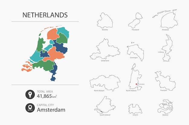 詳細な国の地図を持つオランダの地図 都市の総面積と首都の地図要素