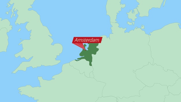 Map of Netherlands with pin of country capital