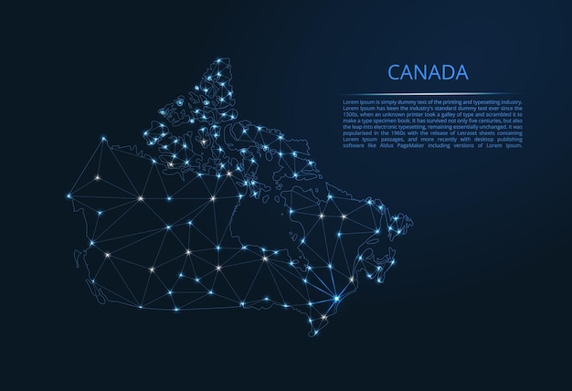 조명이 있는 글로벌 지도의 캐나다 벡터 저폴리 이미지의 네트워크 지도