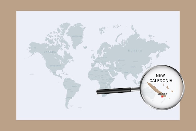 Mappa della nuova caledonia sulla mappa del mondo politico con lente d'ingrandimento