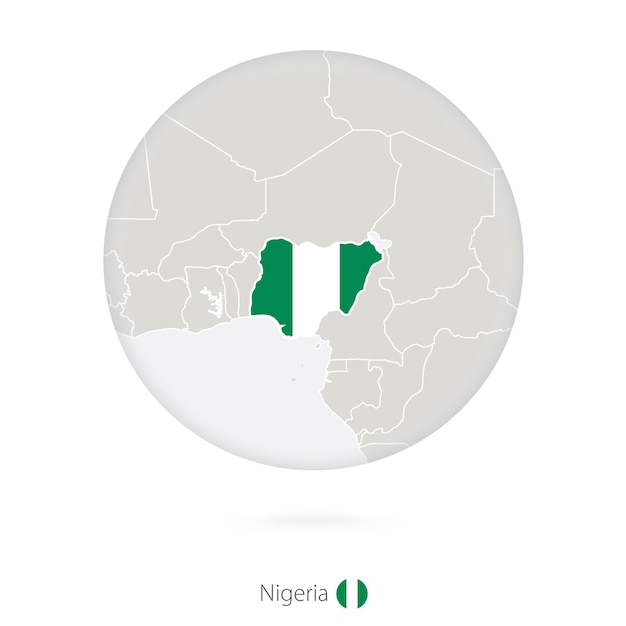 Mappa della nigeria e bandiera nazionale in un cerchio contorno della mappa della nigeria con illustrazione vettoriale di bandiera