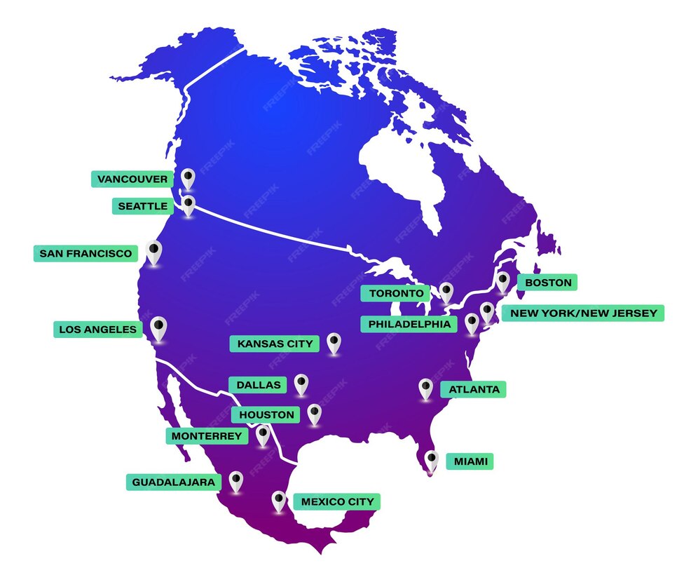 Premium Vector Map of north america with 16 cities hosting the 2026