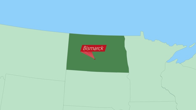 国の首都のピンを持つノースダコタ州の地図