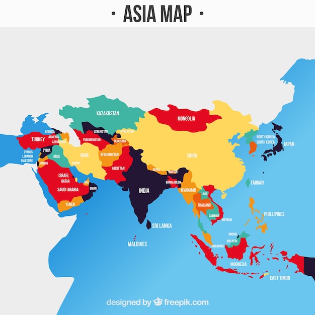 異なる色のアジア大陸の地図