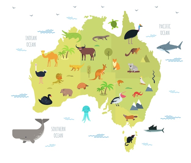 벡터 귀여운 만화 동물들이 살고 있는 호주 지도. 재미있는 만화 포유류, 파충류, 호주 대륙에 서식하는 새. 교육 포스터에 대 한 평면 스타일의 다채로운 벡터 일러스트 레이 션.