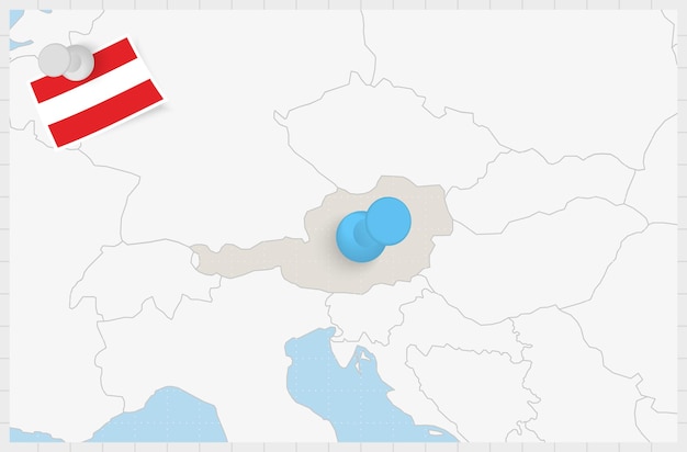 Вектор Карта австрии с закрепленной синей булавкой приколотый флаг австрии