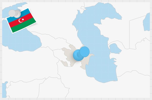 Вектор Карта азербайджана с закрепленной синей булавкой приколотый флаг азербайджана