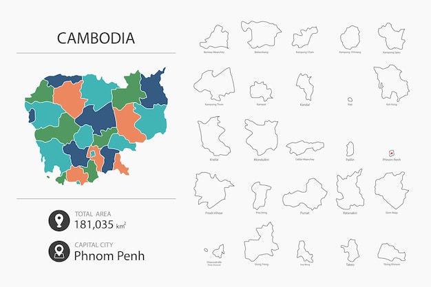 ベクトル 詳細な国の地図を持つカンボジアの地図 都市の総面積と首都の地図要素