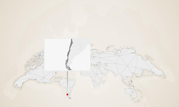 世界地図にピン留めされた近隣諸国とチリの地図