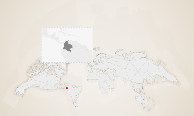 ベクトル 世界地図にピン留めされた近隣諸国とコロンビアの地図