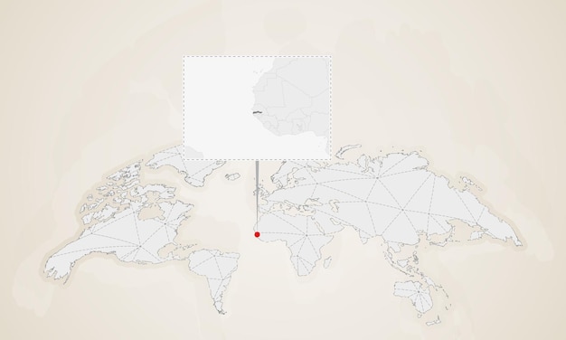 Карта гамбии с соседними странами закреплена на карте мира
