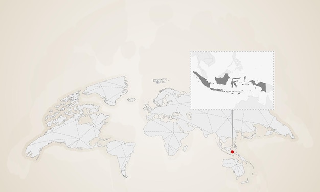 세계 지도에 고정된 이웃 국가와 인도네시아의 지도