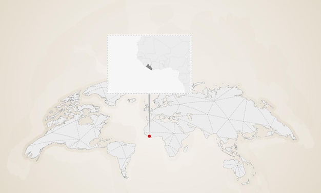 Вектор Карта либерии с соседними странами закреплена на карте мира