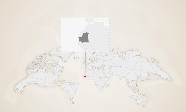 世界地図にピン留めされた近隣諸国とモーリタニアの地図