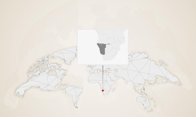 世界地図にピン留めされた近隣諸国とナミビアの地図