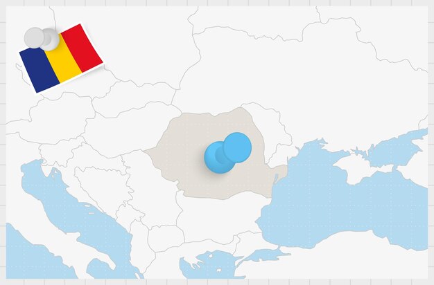 ベクトル 青いピンで固定されたルーマニアの地図 固定されたルーマニアの国旗