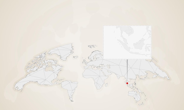 世界地図にピン留めされた近隣諸国とシンガポールの地図