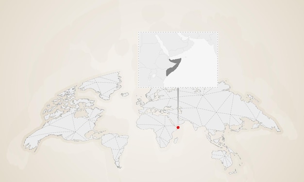 世界地図にピン留めされた近隣諸国とソマリアの地図