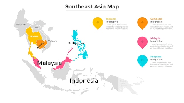 Карта юго-восточной азии с границами штатов. юго-восточная часть азиатского региона с территориальным делением. шаблон оформления инфографики. современная векторная иллюстрация для статистического географического отчета.